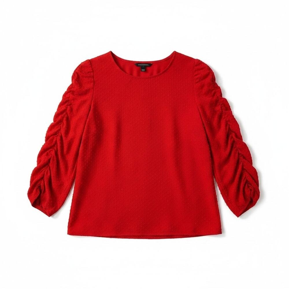 NWT Banana Republic Womens Clip Dot Cap Ruched 3/4 Sleeve Top Red S Office Chic